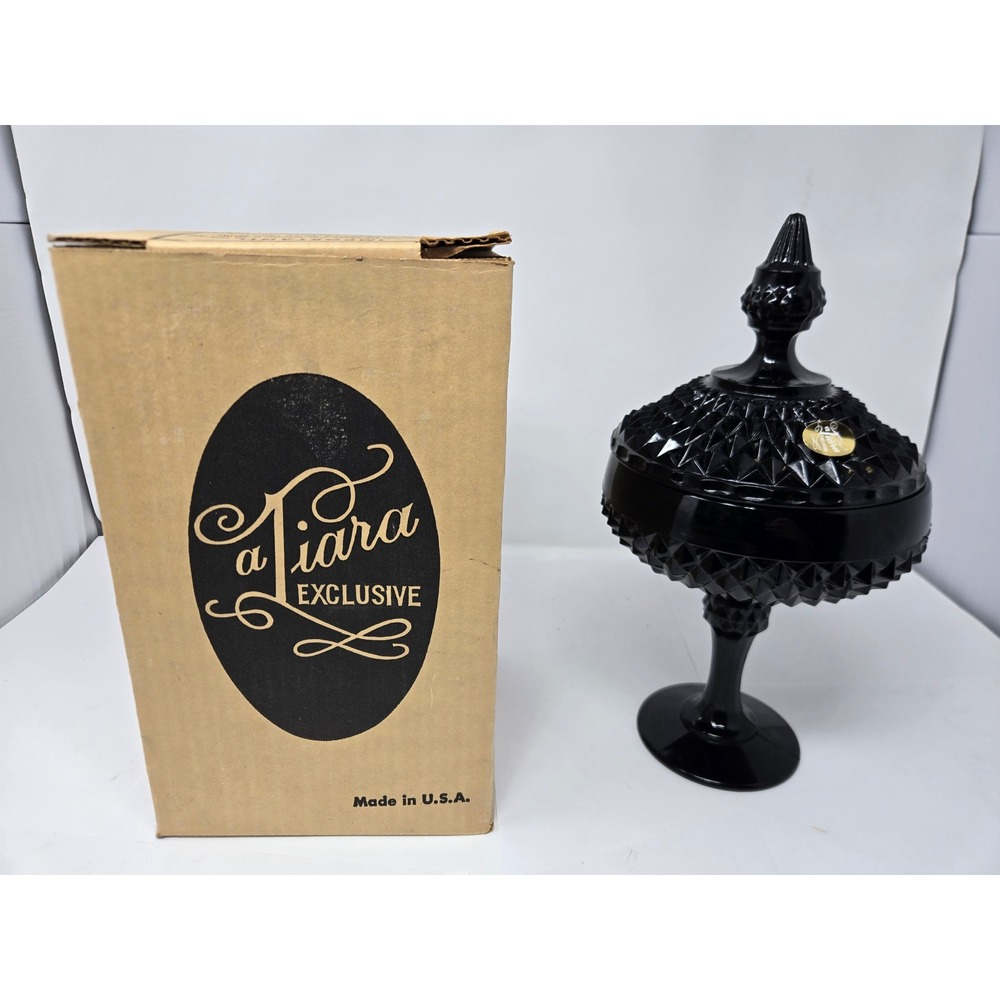 Tiara Exclusives Black Glass Candy Dish Vintage Diamond Point Pedestal Compote